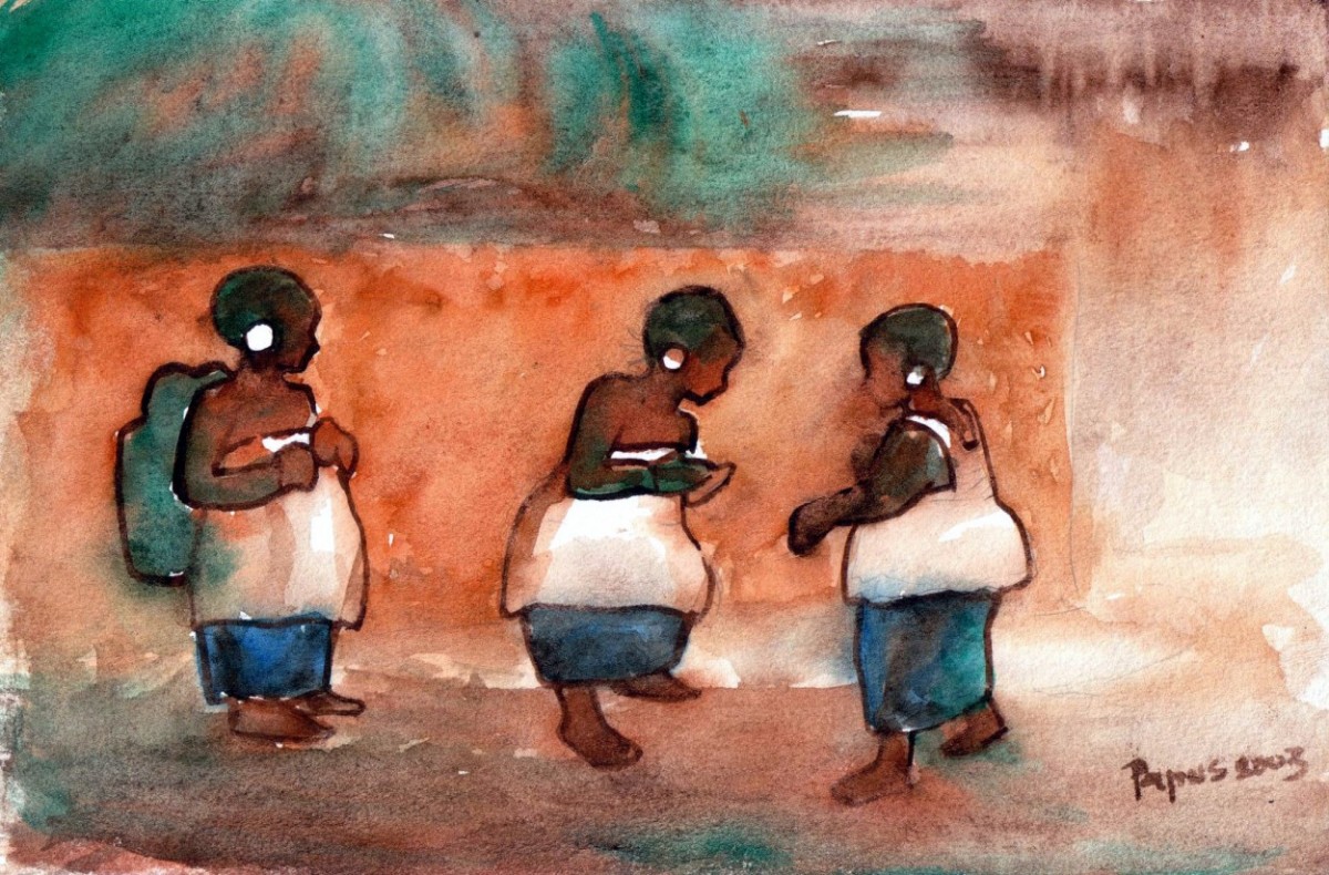 Jeunes filles en tenues rituéliques lors d'une cérémonie d'excision -  Fresque de Papus Bangoura
